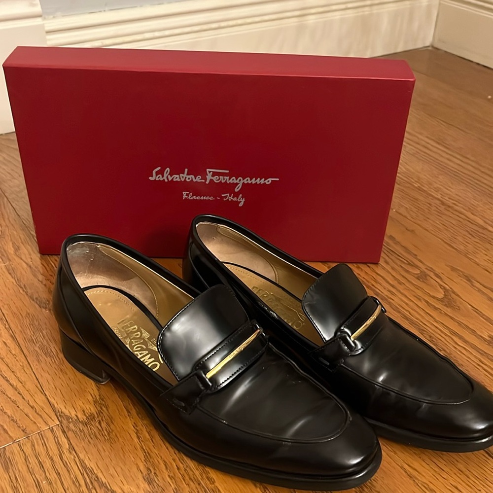 Salvatore Ferragamo Black Leather Loafers with Gold Accent